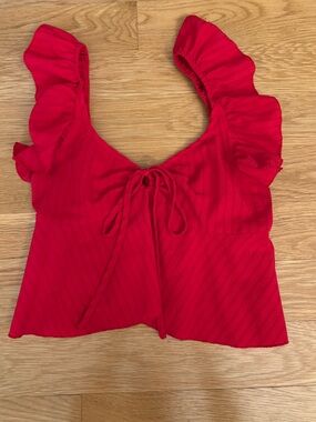 SHEIN Red Ruffle Sleeve Tie-Front Crop Top
